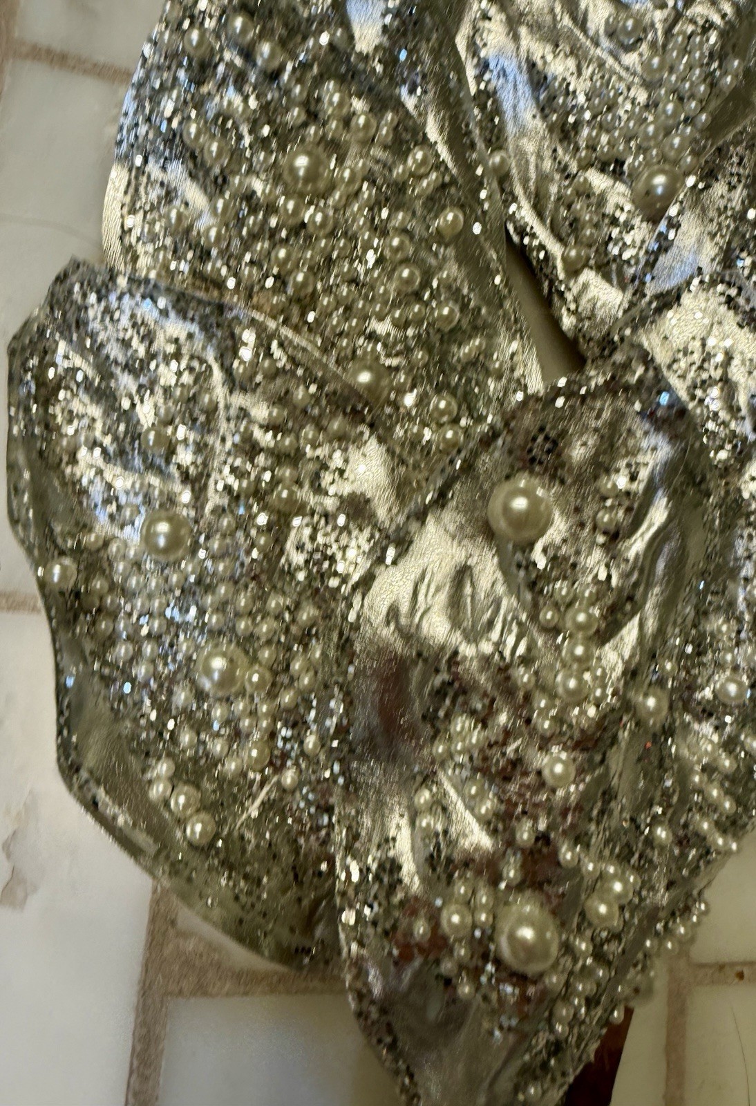 3 Rachel Zoe Glitter & Pearl Beaded Silver Leaf Floral Stems Tree Picks, 26”