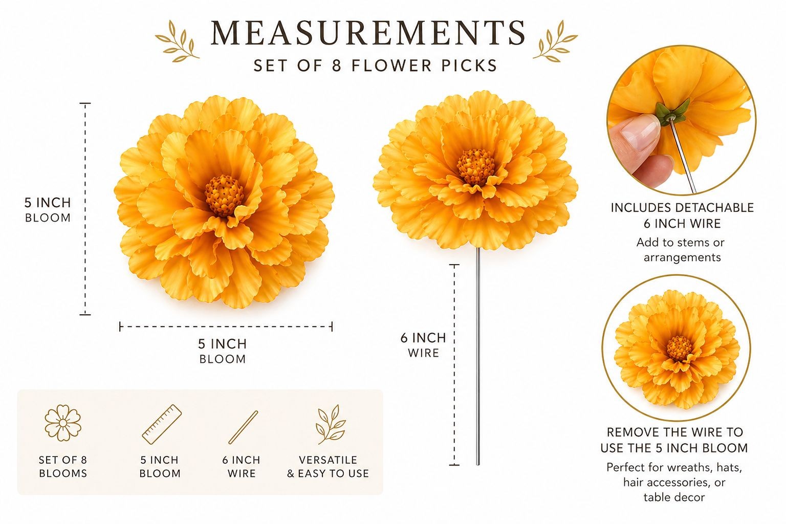 Yellow Peony Flower Picks Set of 8 Golden Yellow Blooms Wired Floral for Wreaths