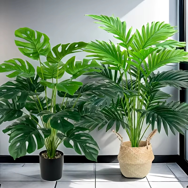 Durable 2pc 24 Leaves Artificial Palm Plants And Faux Monstera Home Office Decor
