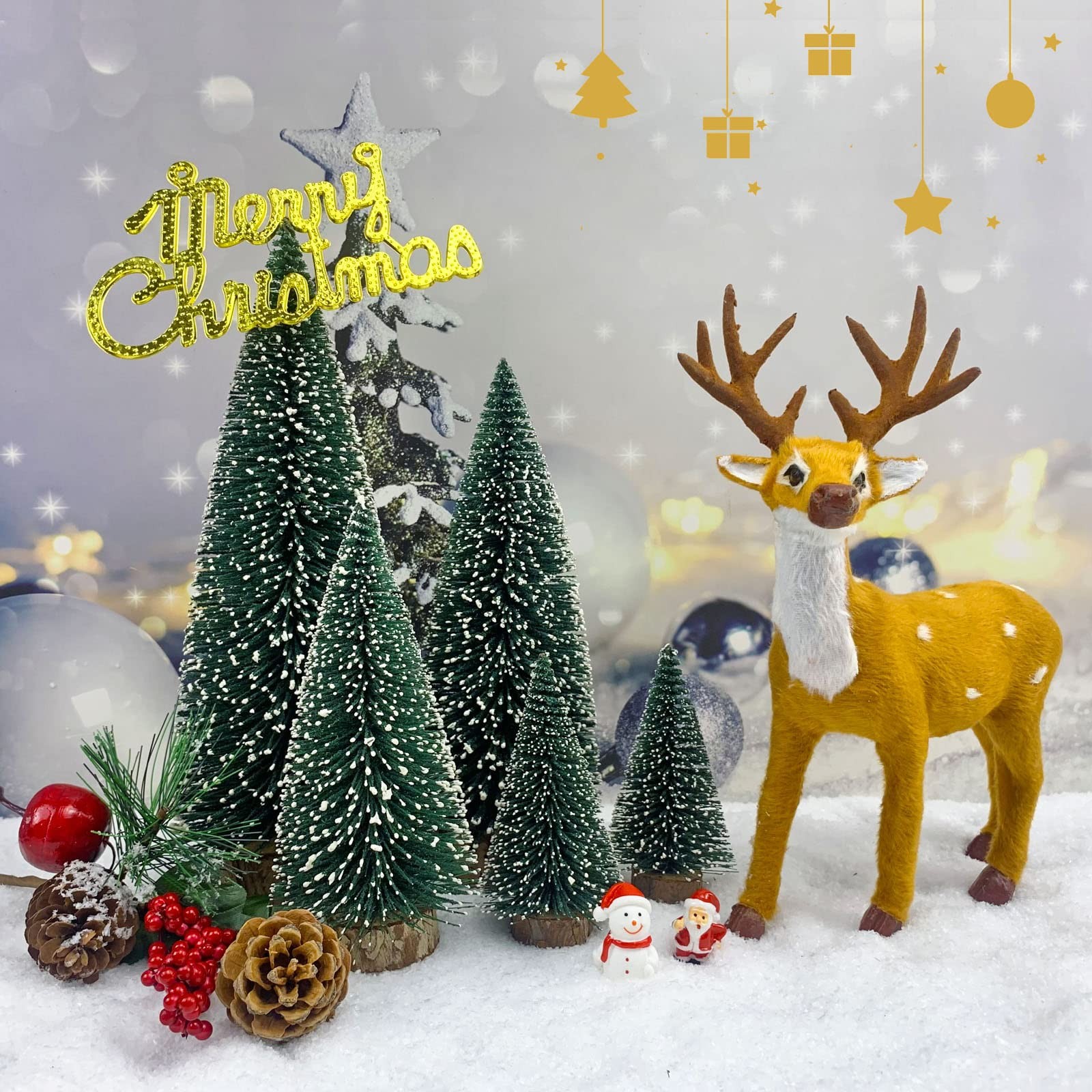 Mini Christmas Tree Desktop Miniature Pine Sisal Bottle Brush Wooden Base