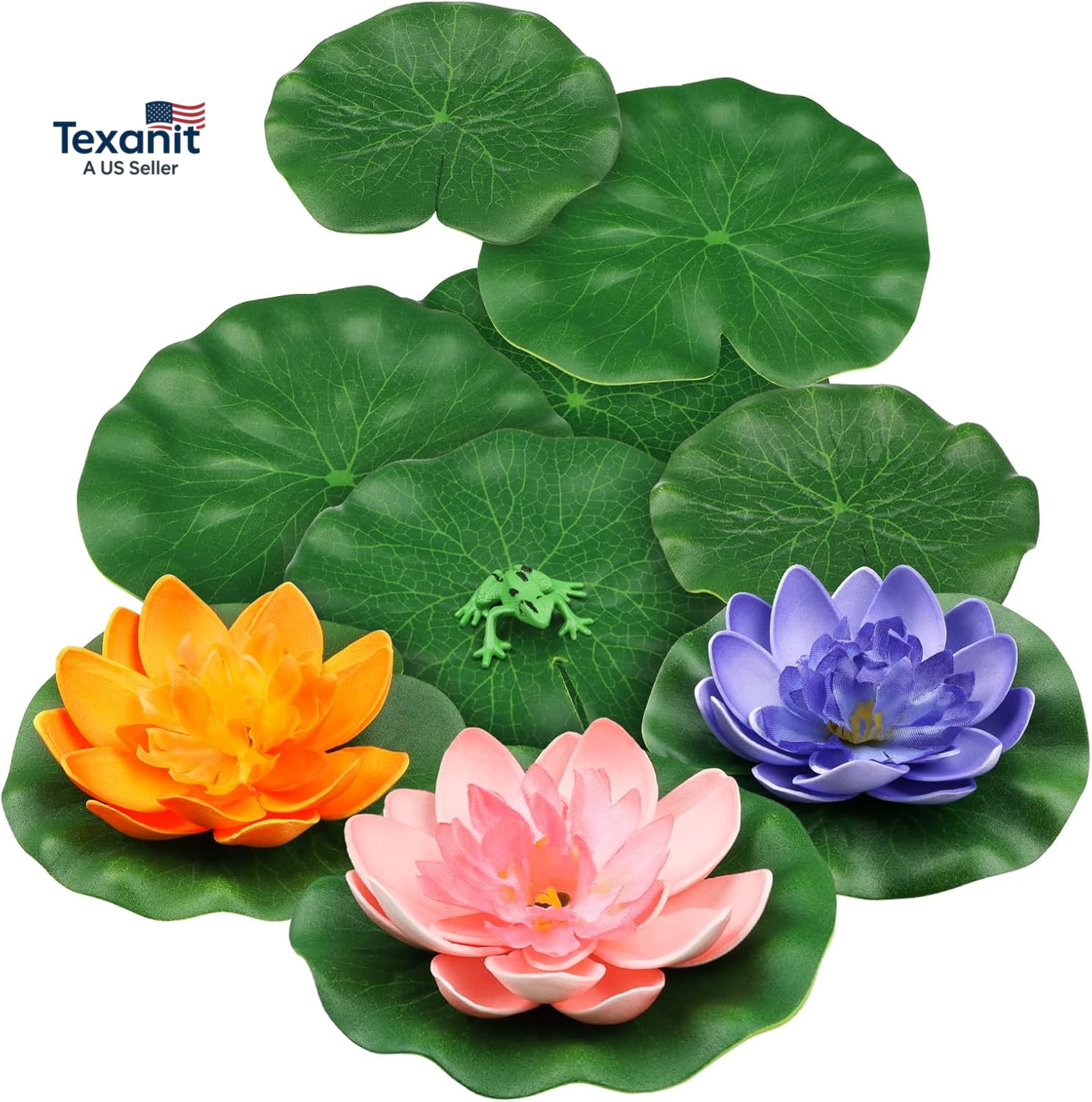 10Pcs Floating Foam Lotus Flowers with Artificial Frog Lotus Leaves, Lily Pads f