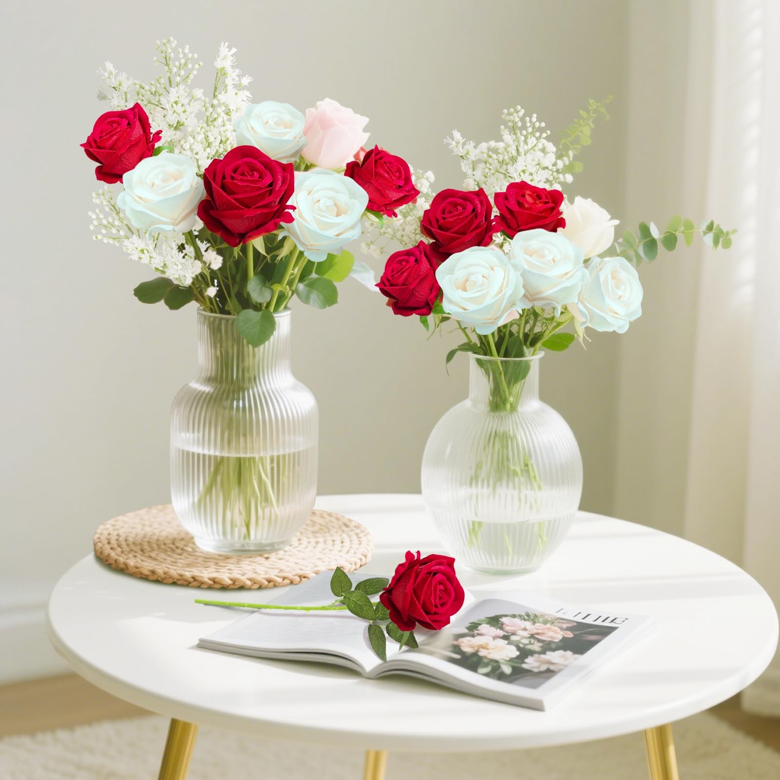 22 Pcs Artificial White Roses with Stems – Velvet Faux Flowers Bulk for Weddi…
