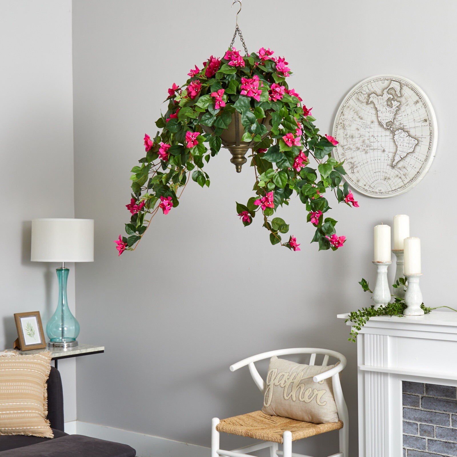 37” Bougainvillea Artificial Plant in Hanging Metal Bowl Home Decor. Retail $190