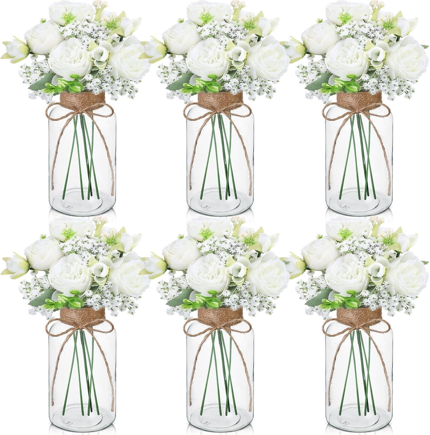 6 Sets Mason Jar Table Centerpiece W/ Artificial Peony Baby’s Breath Flower
