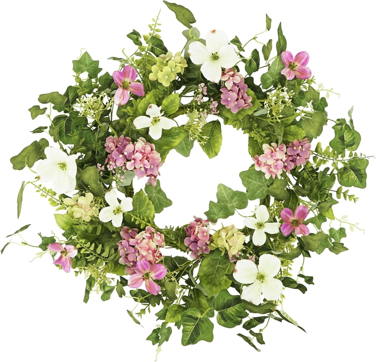 Spring Summer Wreath 20″ Pink Hydrangea Eucalyptus Leaves Home Decor