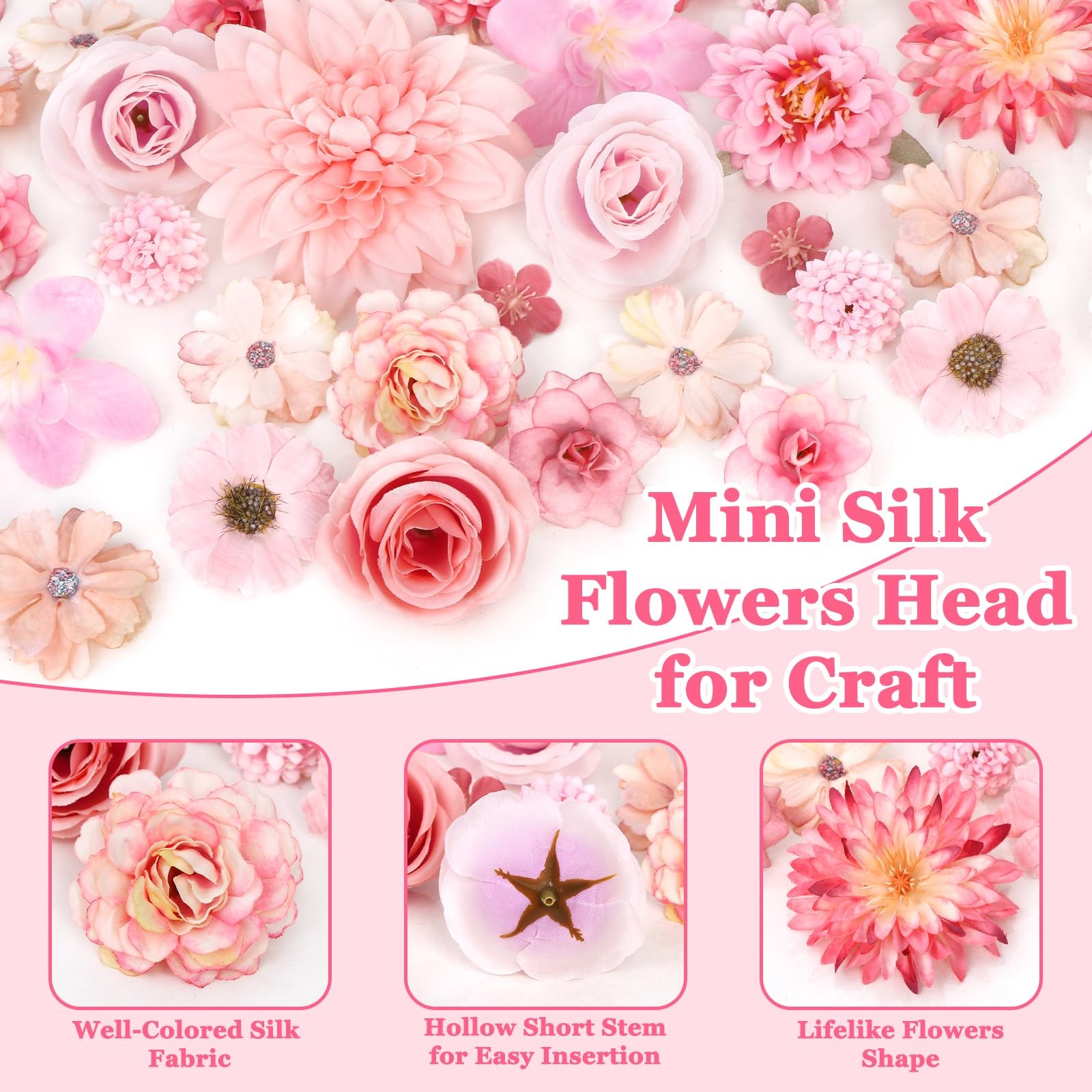 58 PCS Fake Flower Heads Mini Pink Artificial Bulk Faux Silk Daisy Rose Decor