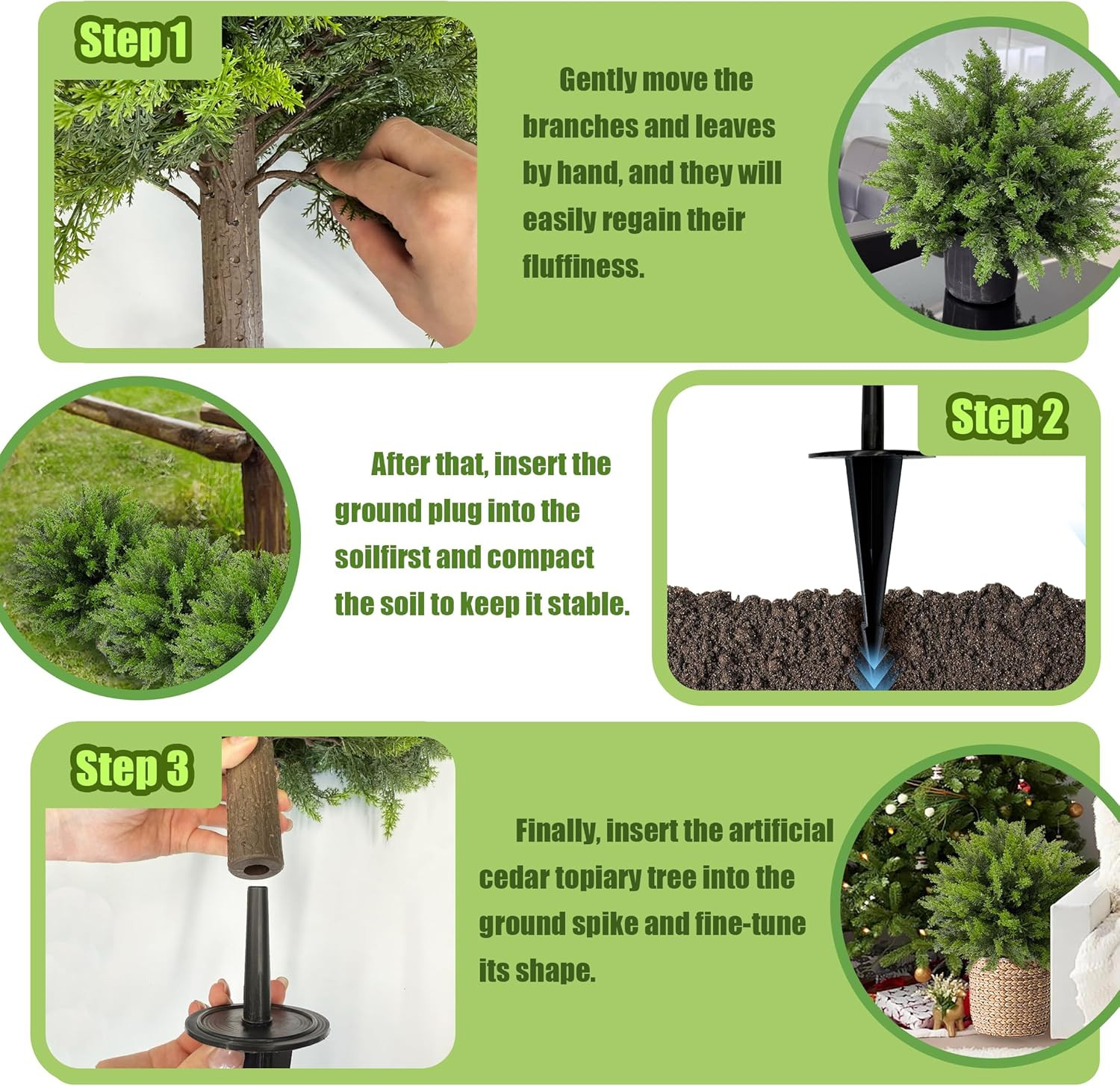 Artificial Cedar Topiary Ball Tree with Ground Spike: 23 Inch 2 Pack UV Resistan