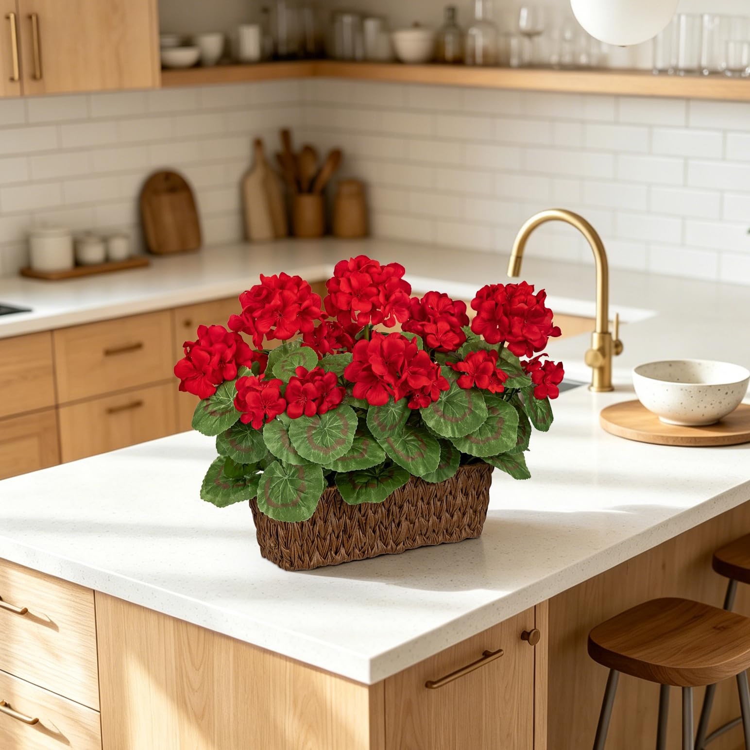 Briful Artificial Geraniums Flowers in Woven Basket Planter, Real Faux Red Si…