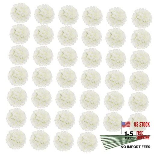 40pcs Artificial Hydrangea Silk Flower Heads with Stems, Fake Plastic White