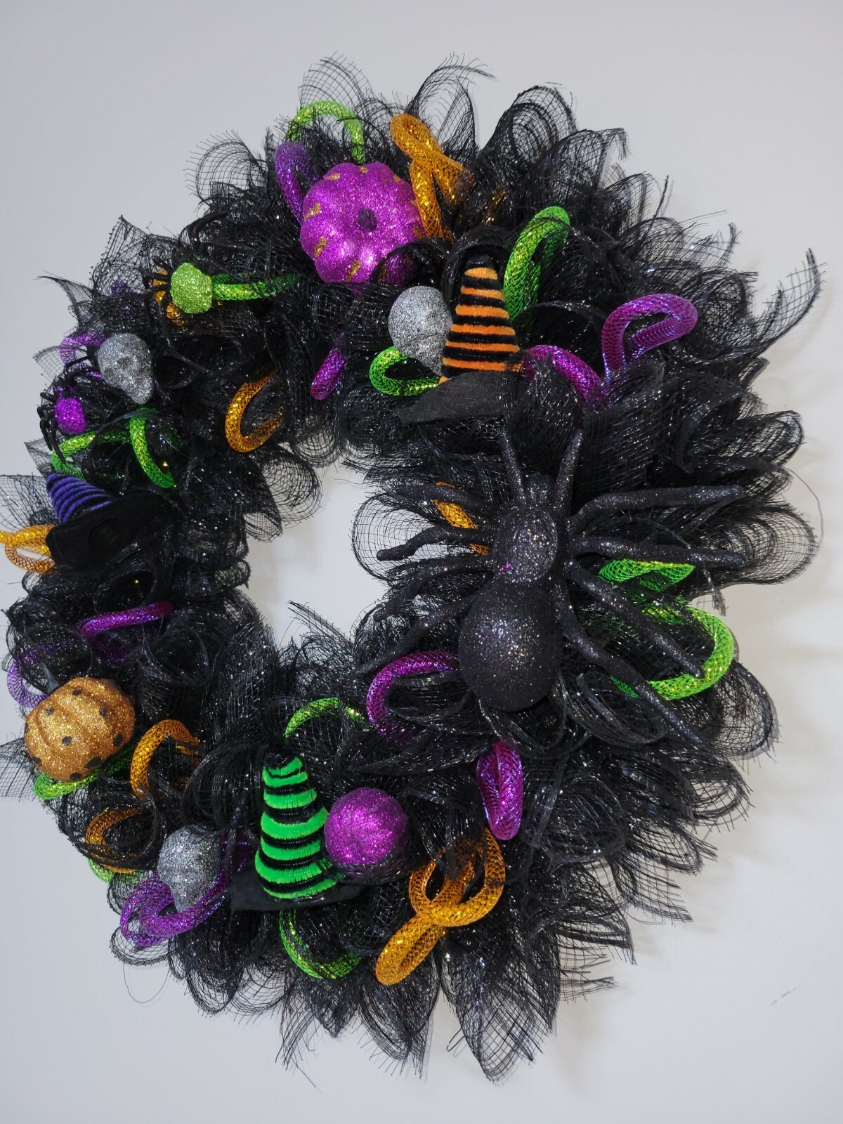 Halloween Deco Mesh Front Door Wreath Wall Decoration 18″ purple green black ora