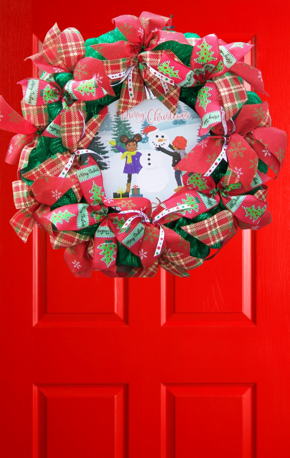 Merry Christmas African American Children Round Plaque Christmas Mesh Wreath