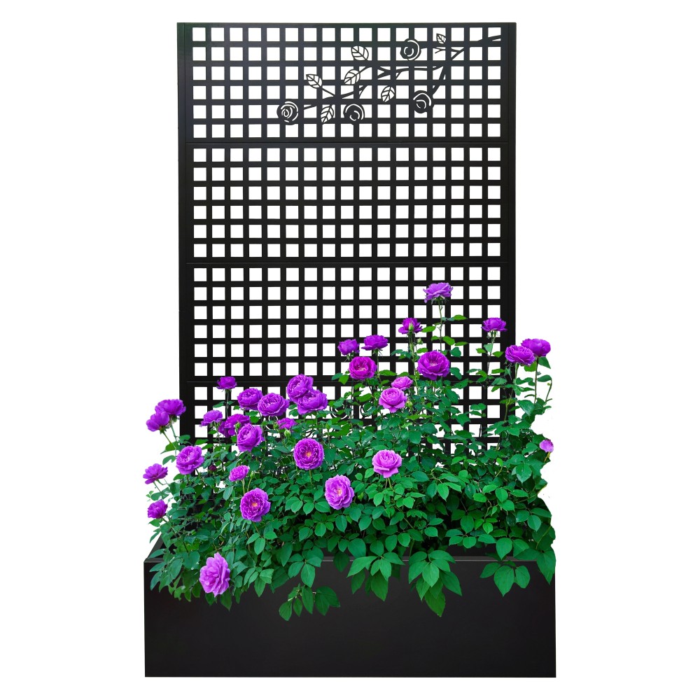 Metal Raised Garden Bed With Trellis, Black Planter Box For Backyard Patio