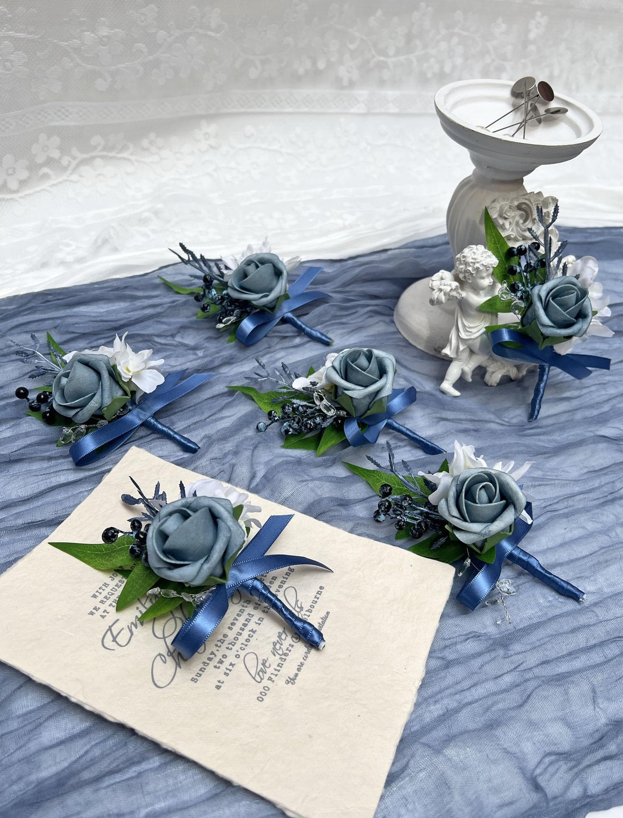 6 PCS Dusty Blue Boutonniere Men Pins Artificial Foam Rose Wedding Prom Decor