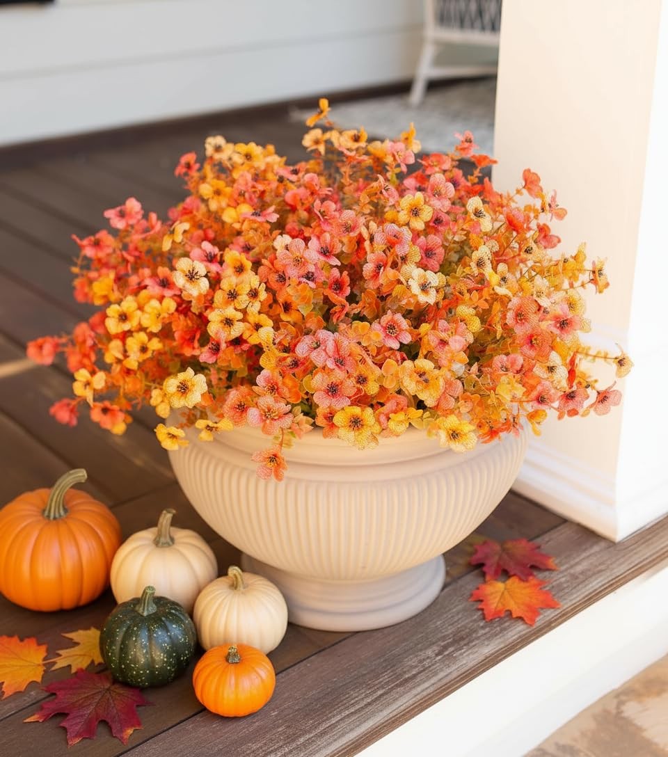 Fall Flowers Artificial Mums UV Resistant Silk Fake Daisy with Eucalyptus Leaves