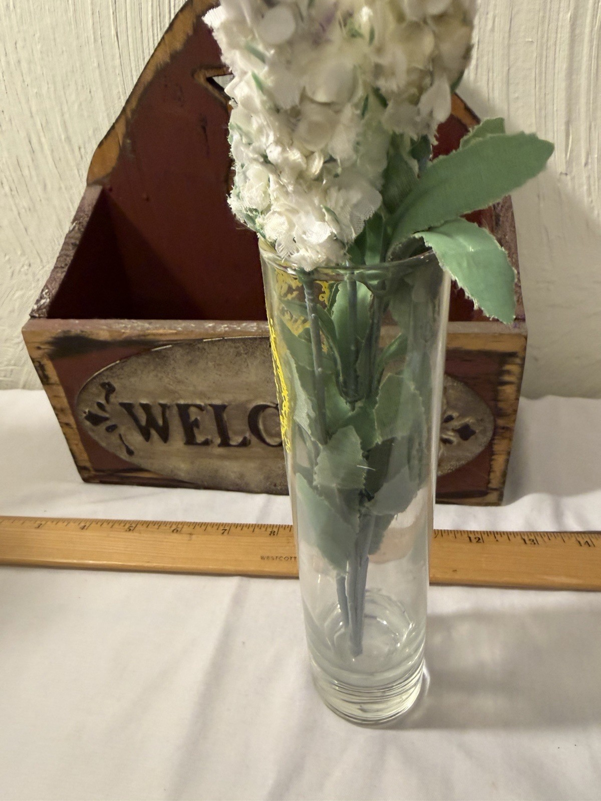 Welcome Spring Artificial Lavender Flowers Wooden Box Glass Set 3