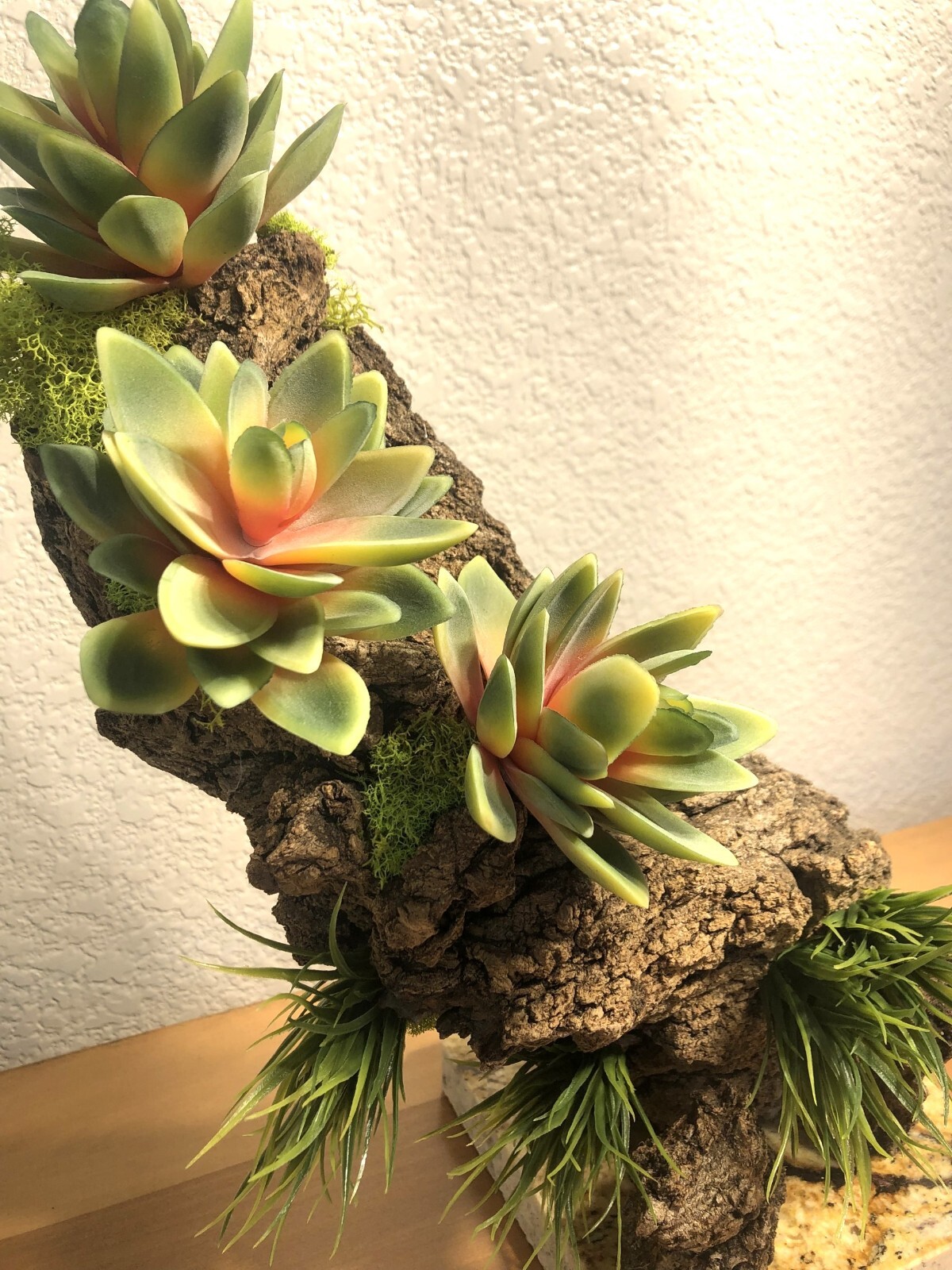 Artificial Succulent Air Plant Home Office Mounted on Real Wood Bark and Stone