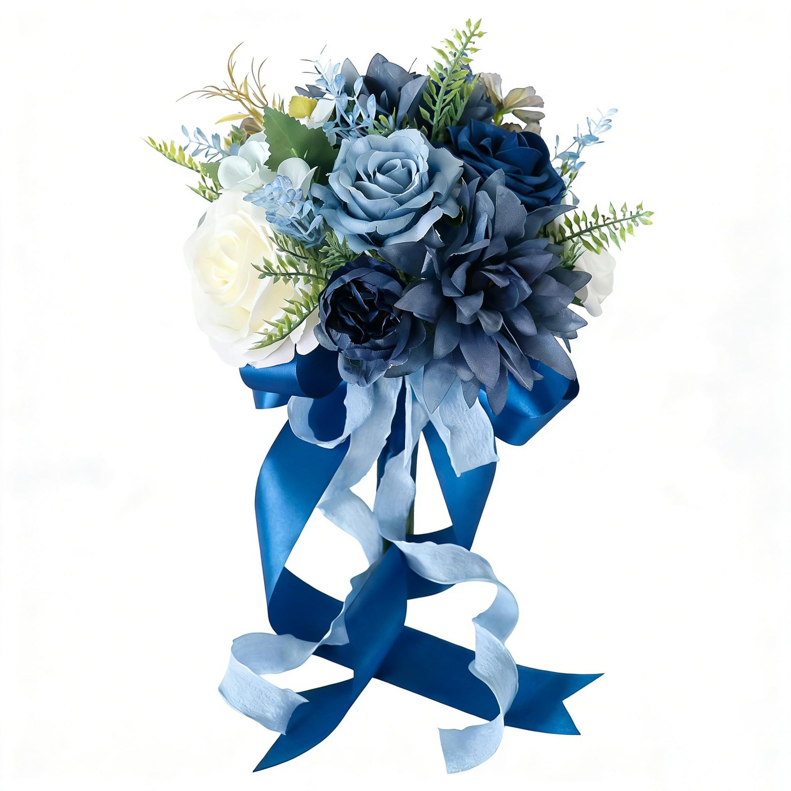 Artificial Wedding Bridal Bouquet Blue Rose Floral Arrangement 8.6 In Dusty