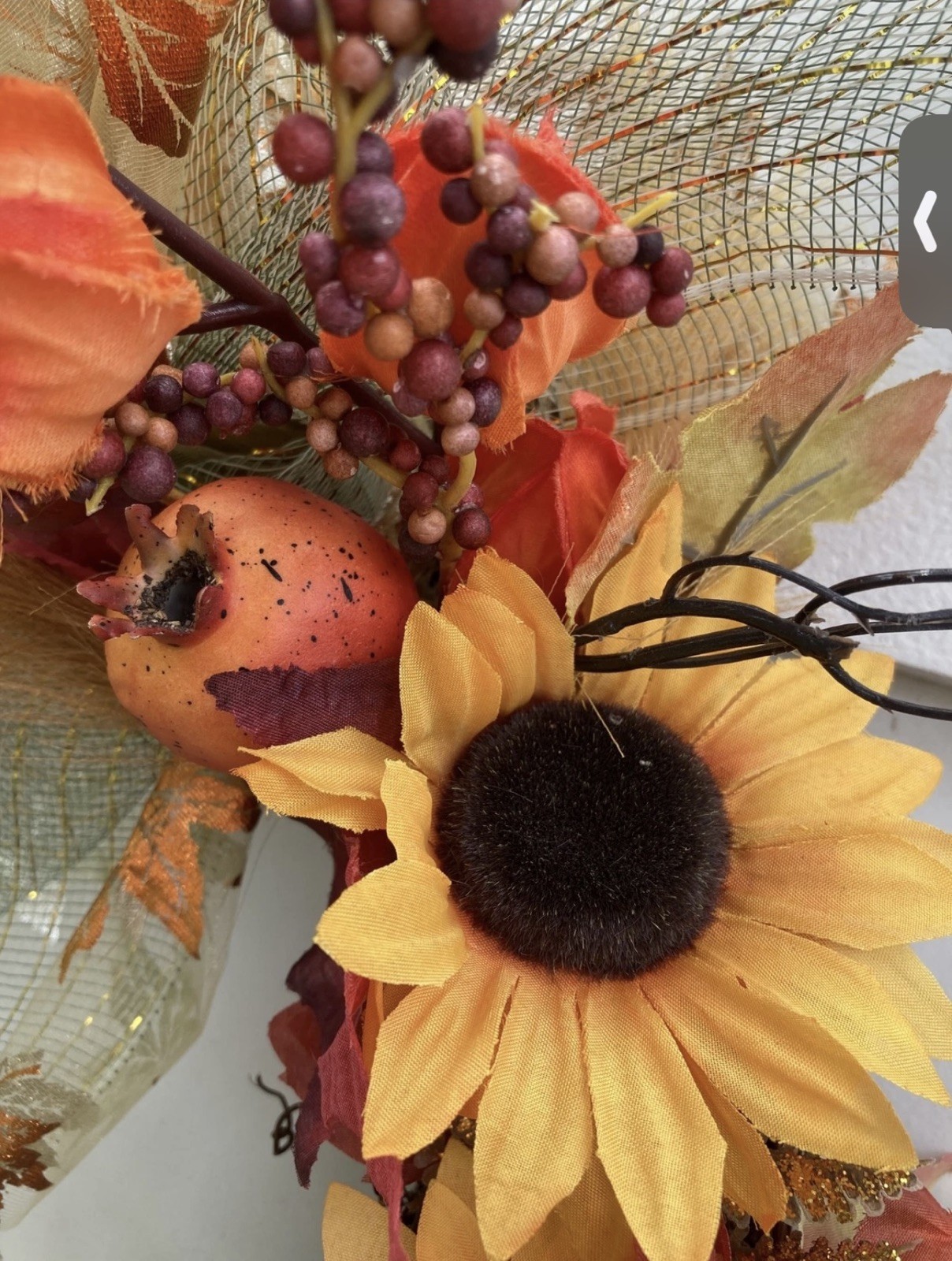 Sunflower Grapevine Country Rustic Wreath w Chinese Lanterns Pomegranate, ferns