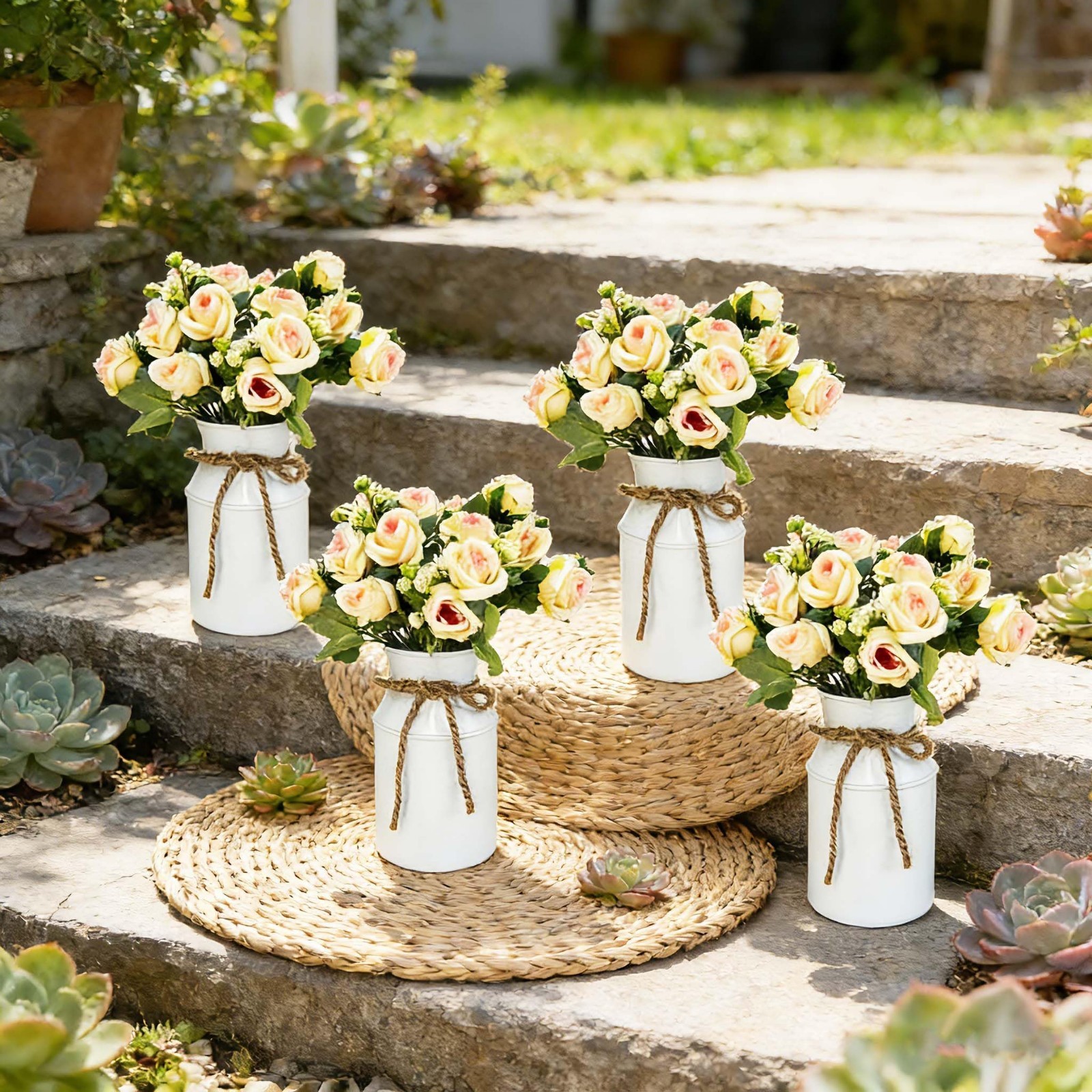 Farmhouse Faux Rose Flower Arrangements – Set of 6 for Table Centerpieces, Home
