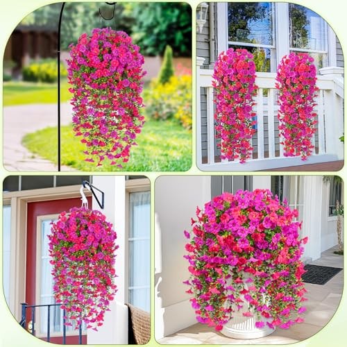 2 Packs Look Real Artificial Flowers for Outdoors, 2 packs Fuchsia+rose Red