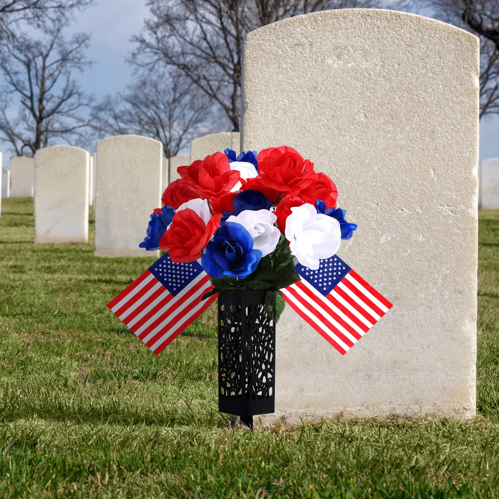 4 Pack Artificial Flowers for Cemetery 4th of July Red White Blue Flowers wit…