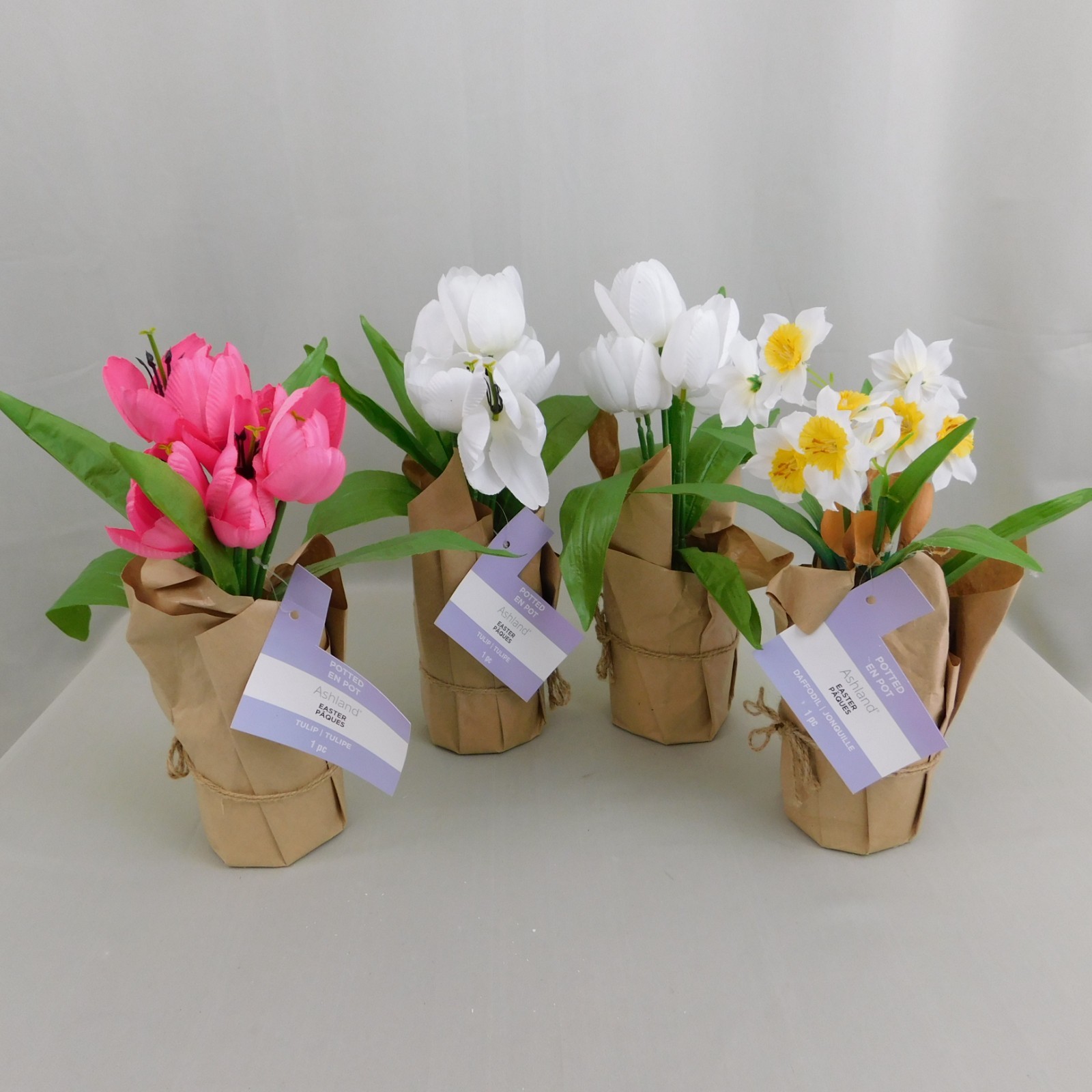 Lot 4pc Tulips & Daffodils 13″ Artificial Flower Pots Spring-Easter Decor #C498
