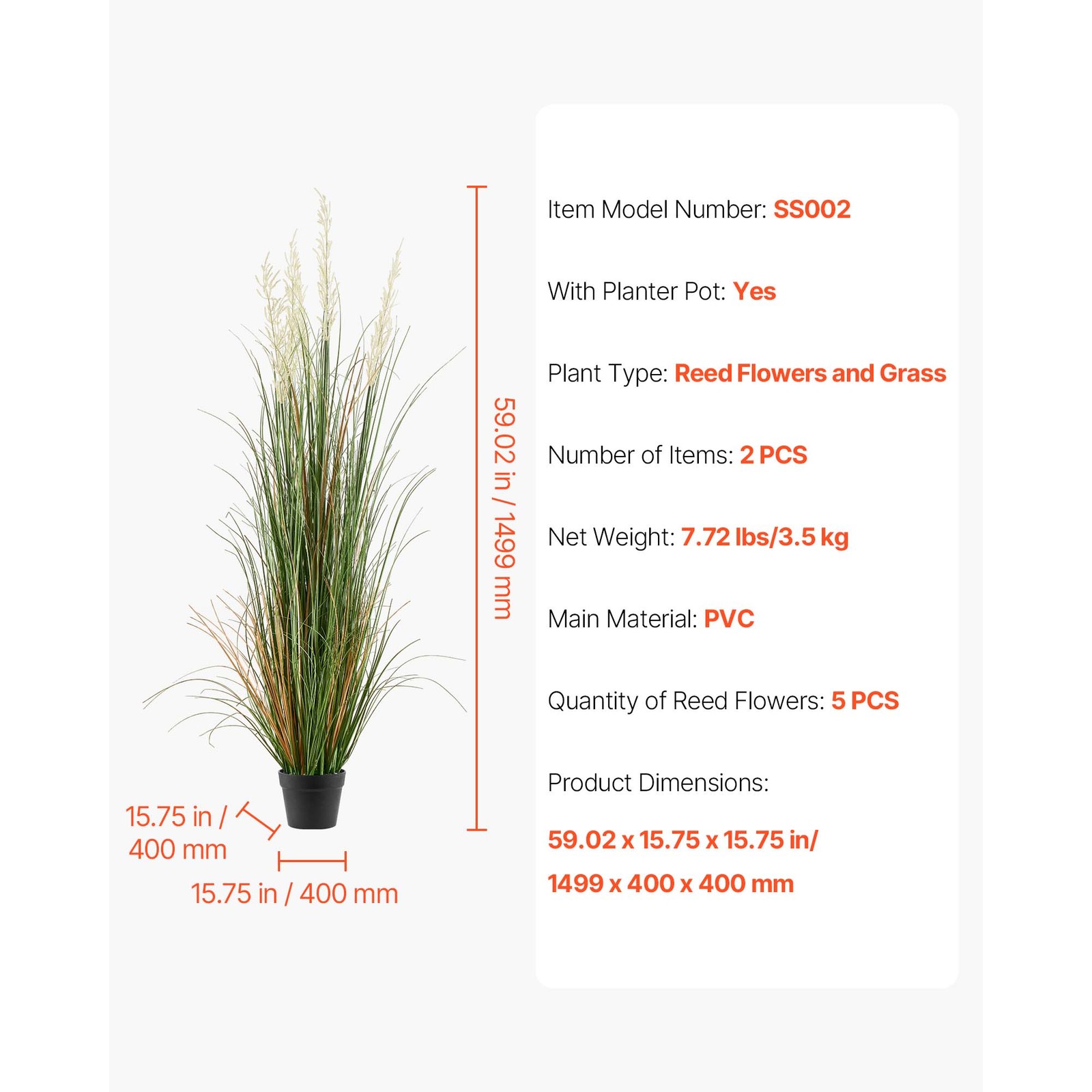 Uimoso Artificial Grass Arrangement 59-Inch Reed Flower Grass in Pot, Set of 2