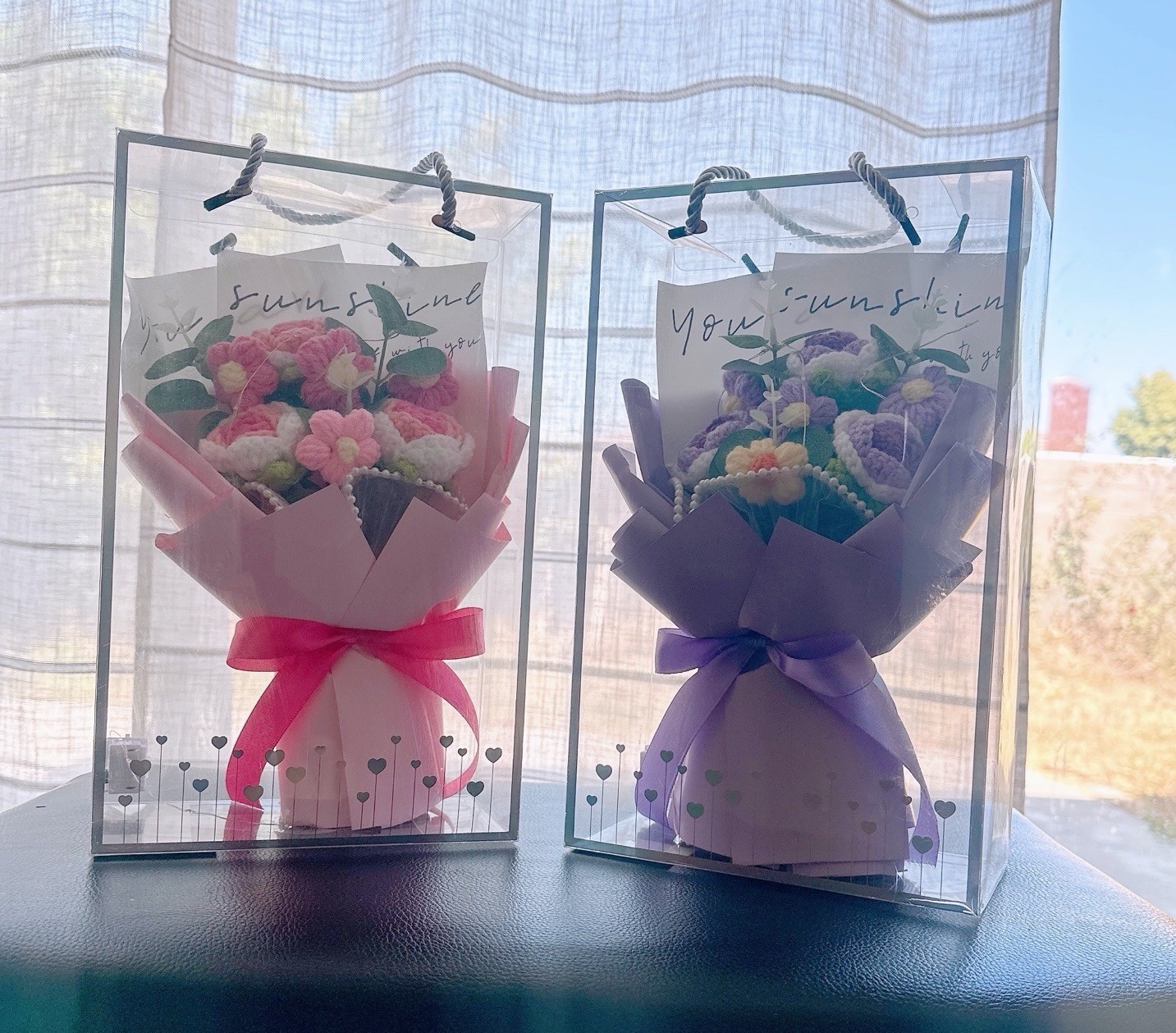 Artificial Flower Bouquet w/ LED Lights, Clear Gift Box & Ribbon, Pink/Purple