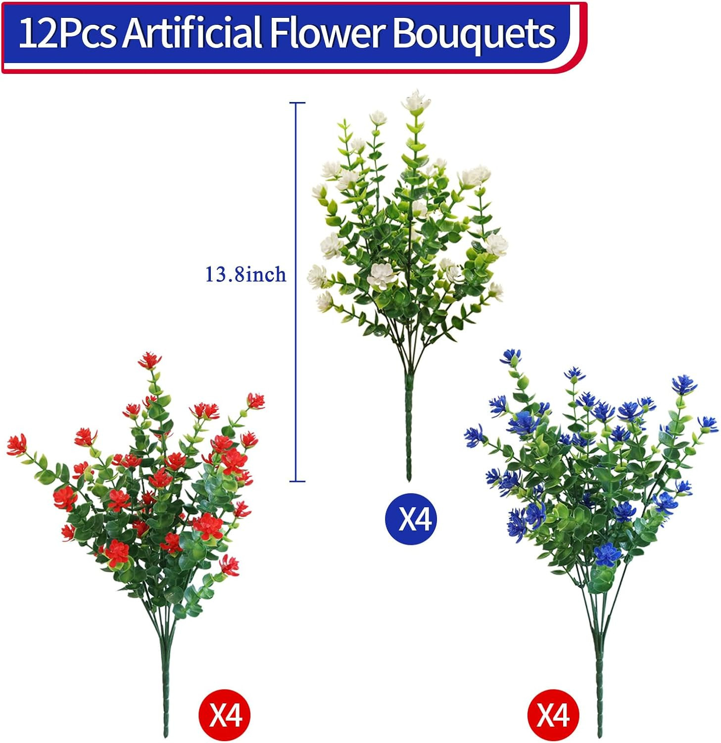 Artificial Flowers Outdoors, 12 Bundles Fake Flowers Uv-Anti for 4Th of July Dec