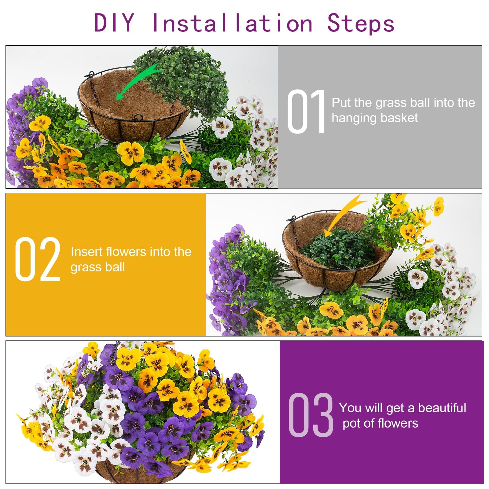 2 Sets Artificial Hanging Pansy Flowers with Baskets, 24 Pcs UV Resistant Fau…