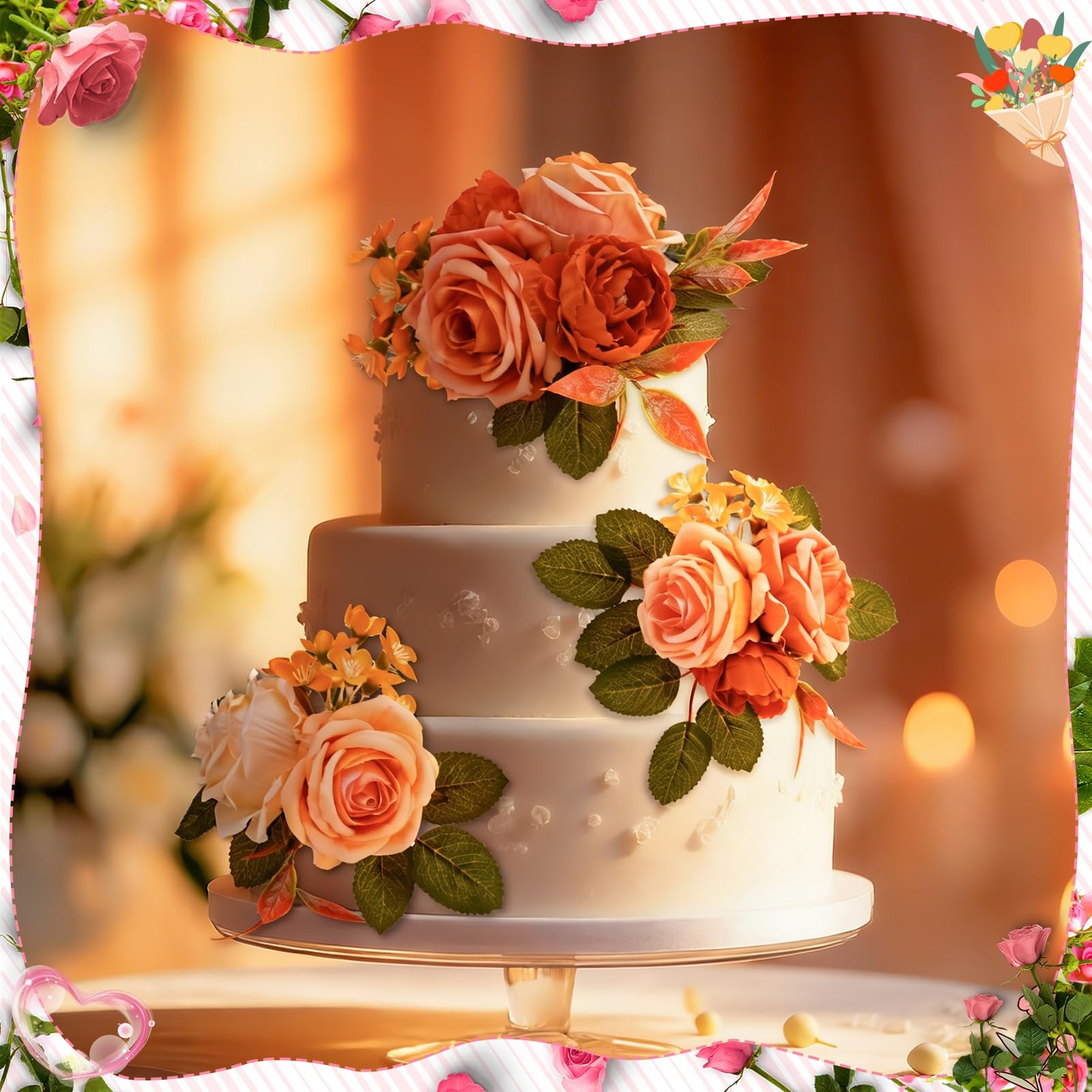 3 PCS Wedding Cake Topper Flowers PreMade Artificial Rose Decorations Party