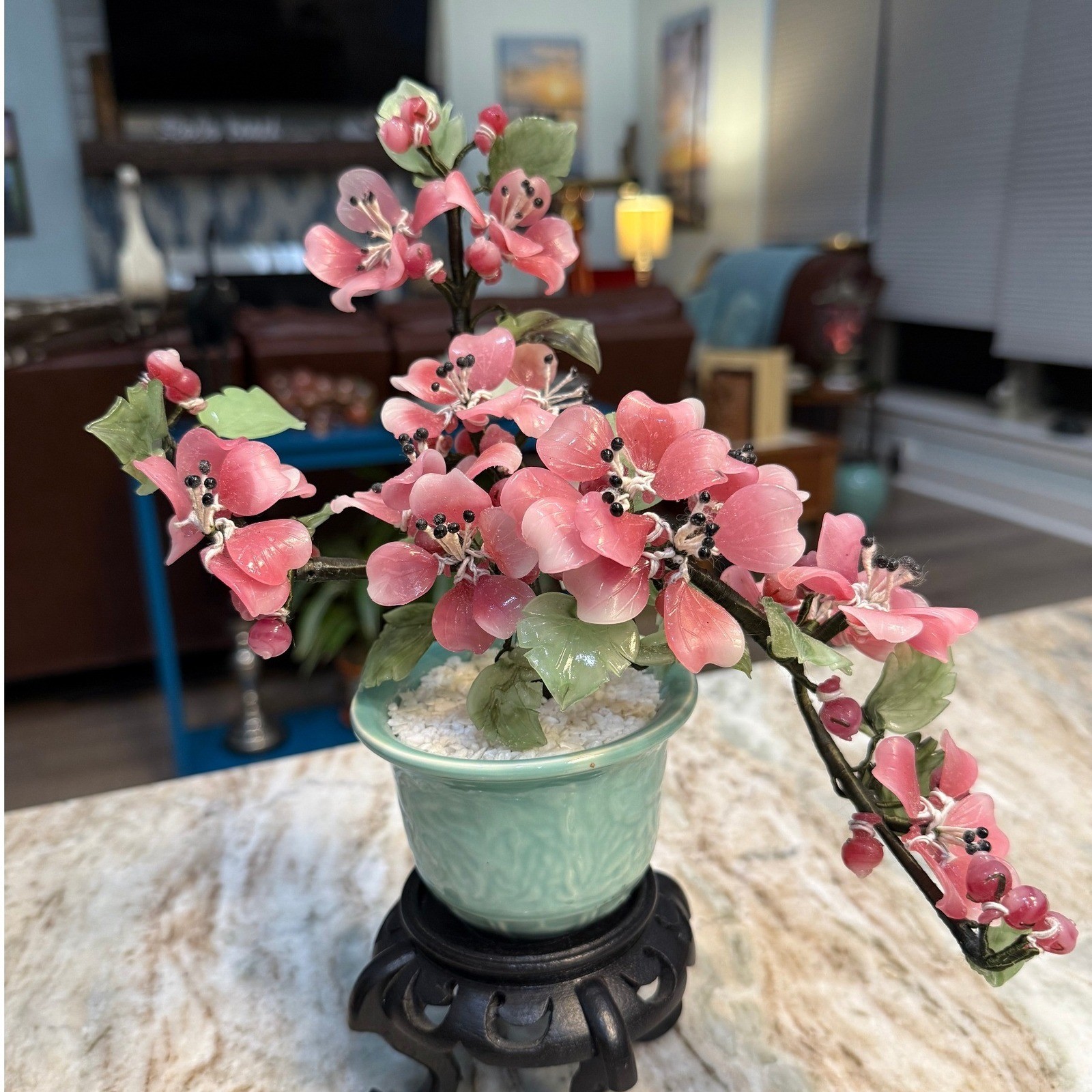 Vintage Chinese Glass Bonsai Tree Pink Cherry Blossom Celadon Pot Wood Stand