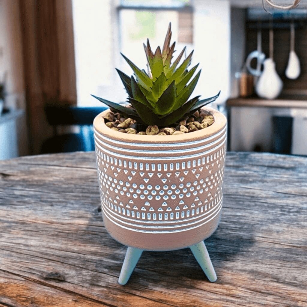 Faux Succulent Plant In Geometric Etched Terra Cotta Pot Legs Artificial Plant