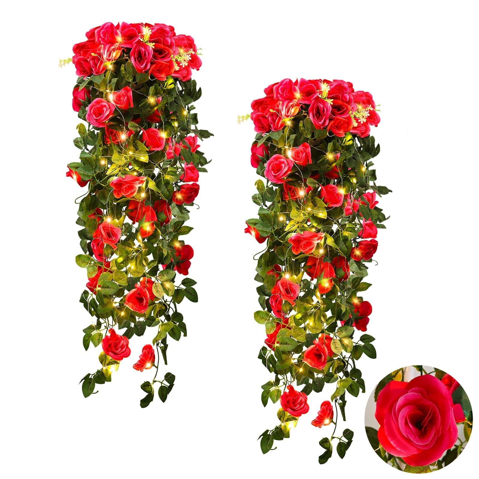 4PCS 37″ Artificial Rose Red Hanging Floral Ivy Garland with 30 LED Fairy Lights