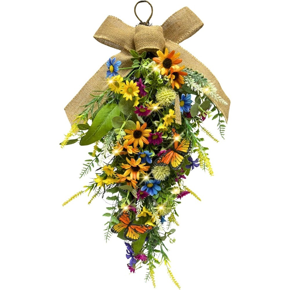 Pre-Lit Floral Teardrop Swag Sunflower Daisy Eucalyptus Door Wall Decor