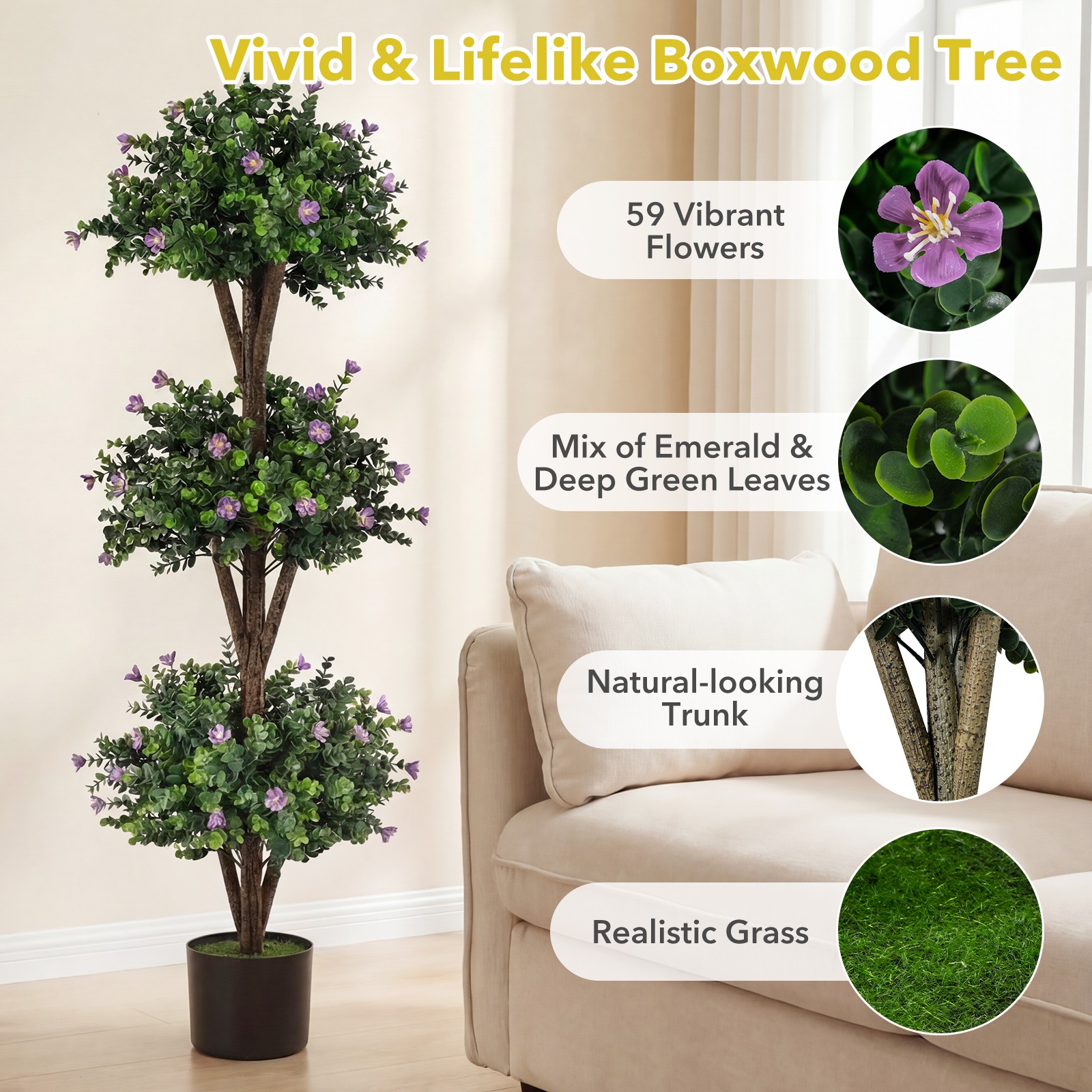 51” Artificial Triple Ball Boxwood Topiary Tree with 59 Blossoms for Porch Home