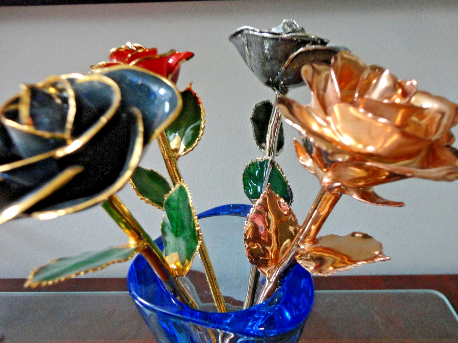 4 GLIDDED REAL ROSE GENUINE HAND DIPPED 24K GOLD LACQUER RED GOLDEN BLUE SILVER