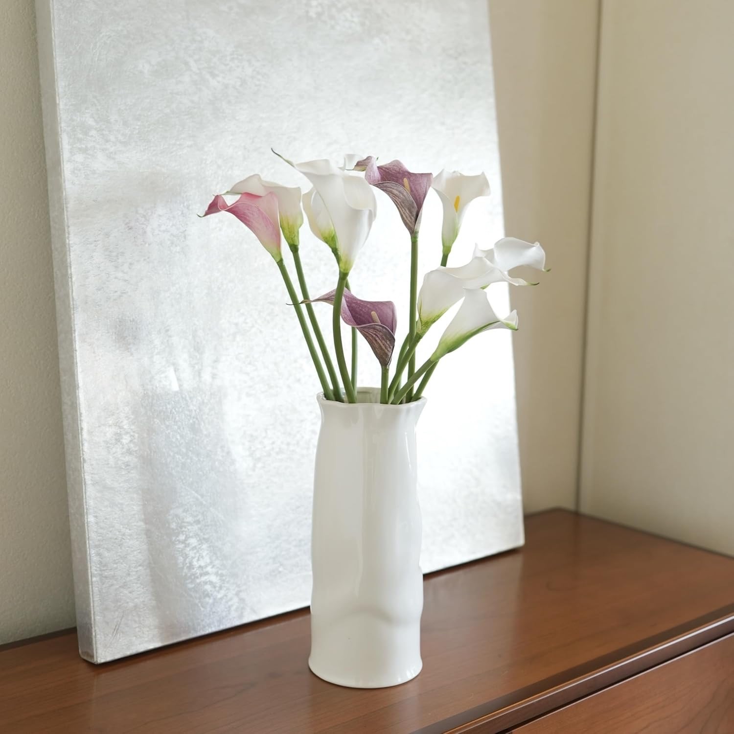 Artificial Calla Lily Flowers, 10pc PU Long Stem Bouquet, White Purple Pink