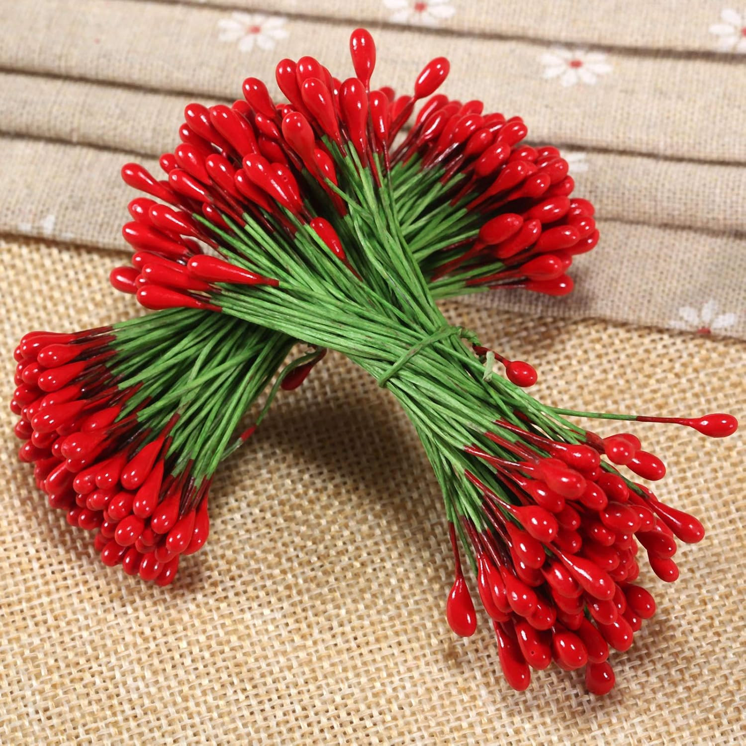 100Pcs Artificial round Flower Stamens Red Double Sided Holly Berries on Wire Wr