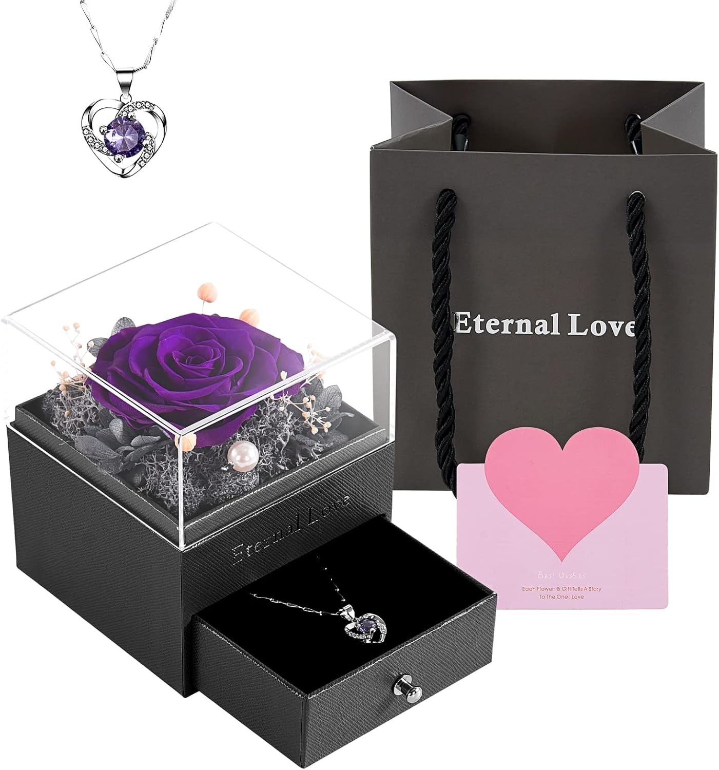 Handmade Preserved Rose and Necklace Set for Birthday and Anniversary Gifts