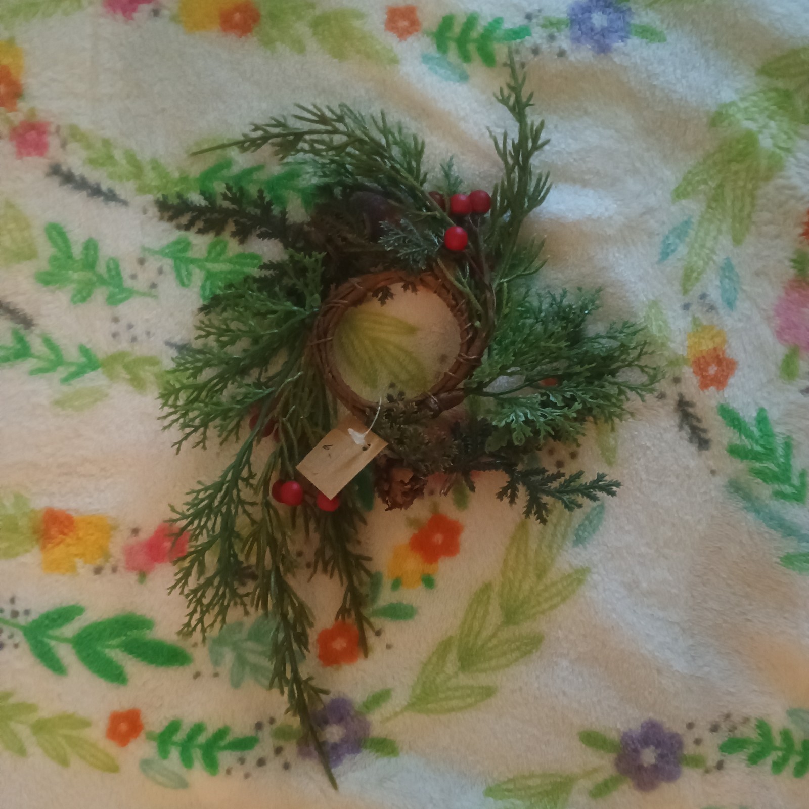 Artificial Pine Candle Ring with Red Berries, Plastic & Twig, Green/Red/Brown