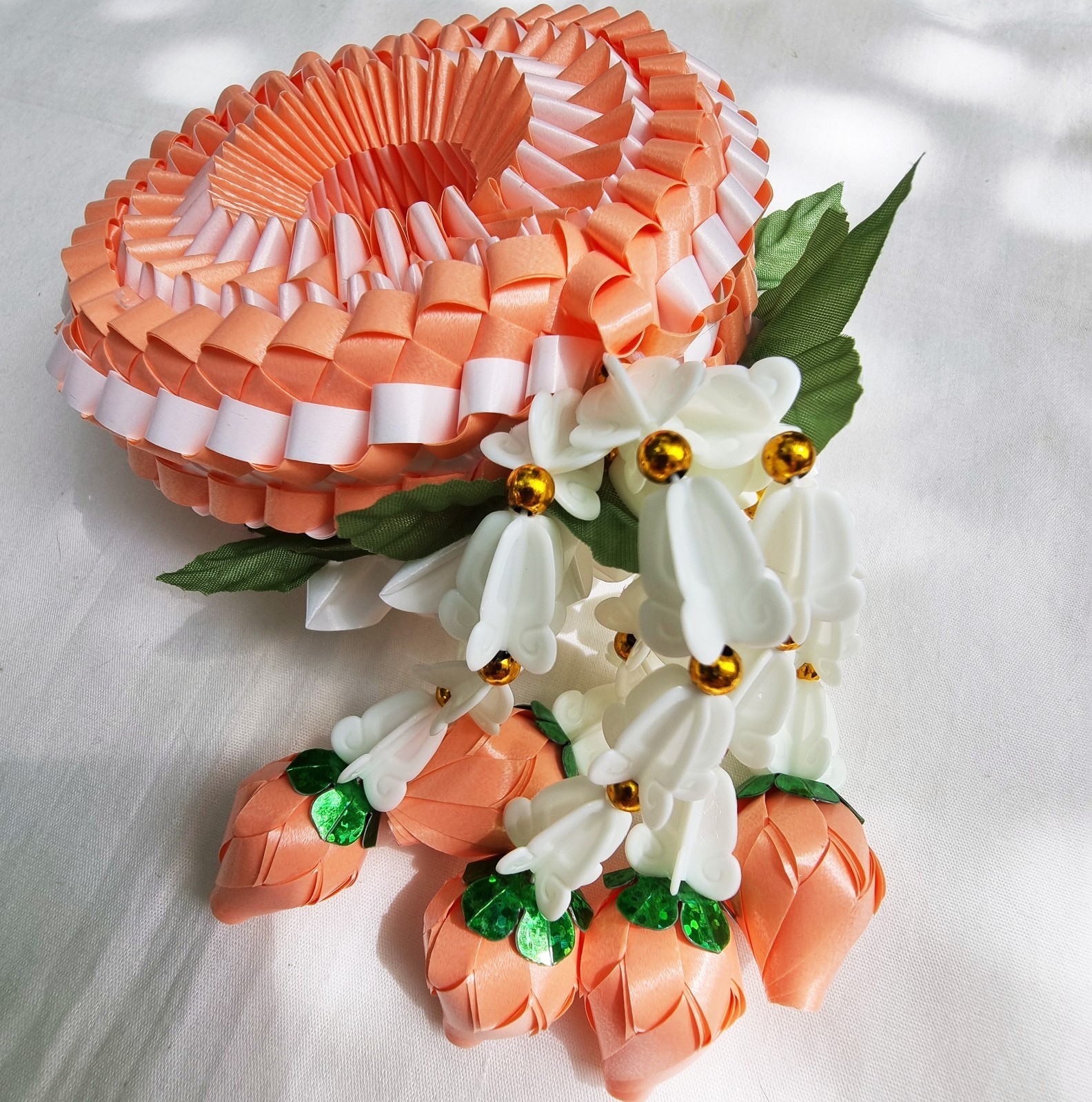 Ribbon folding art, Garland, Artificial Light Orange flowers made from plastic