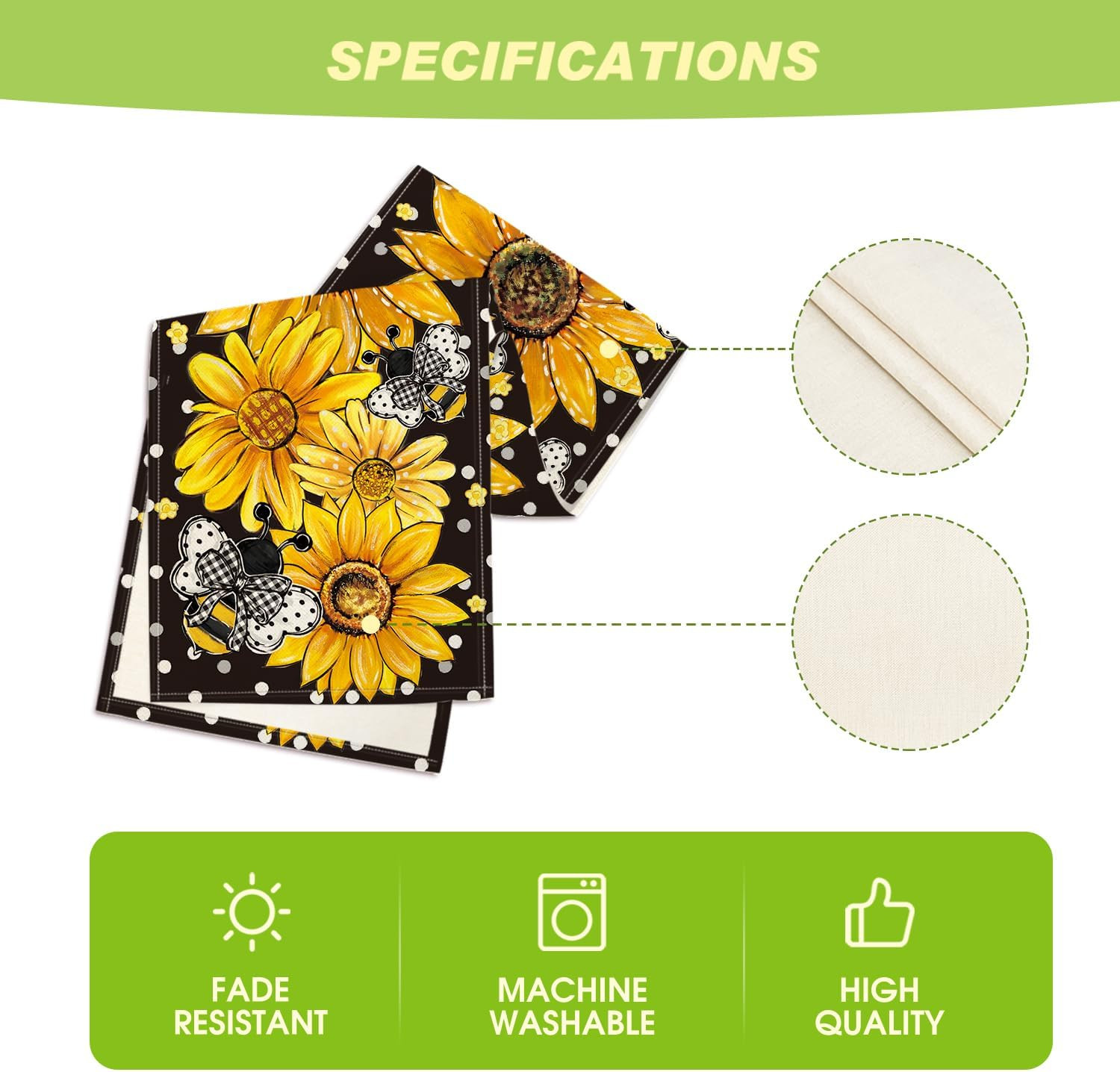 Black Sunflower Bee Flower Polka Dot Summer Table Runner, Seasonal Kitchen Dinin