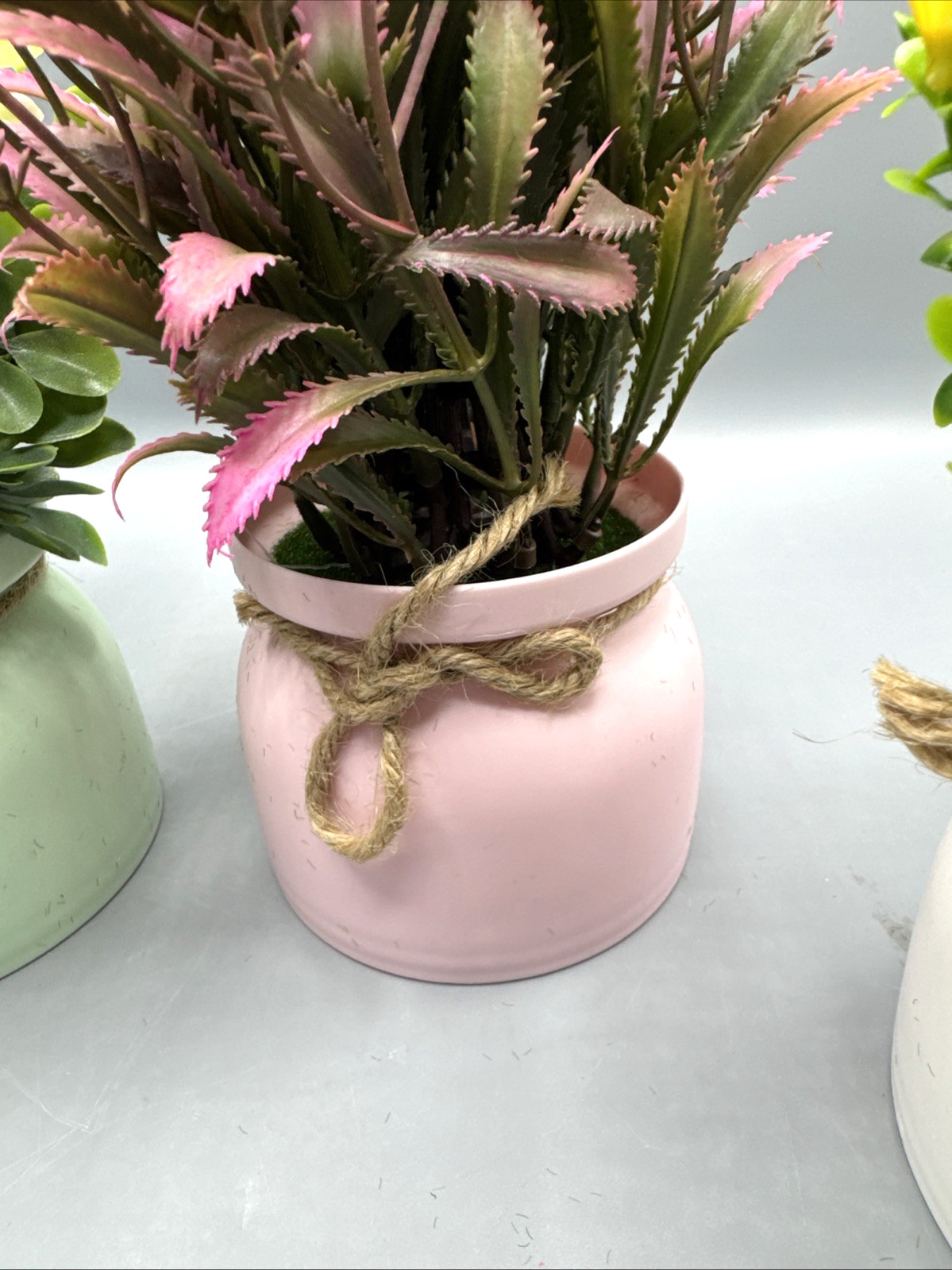 4 Pack Fake Flowers Small Artificial Faux Plants in Plastic Macaron Pots