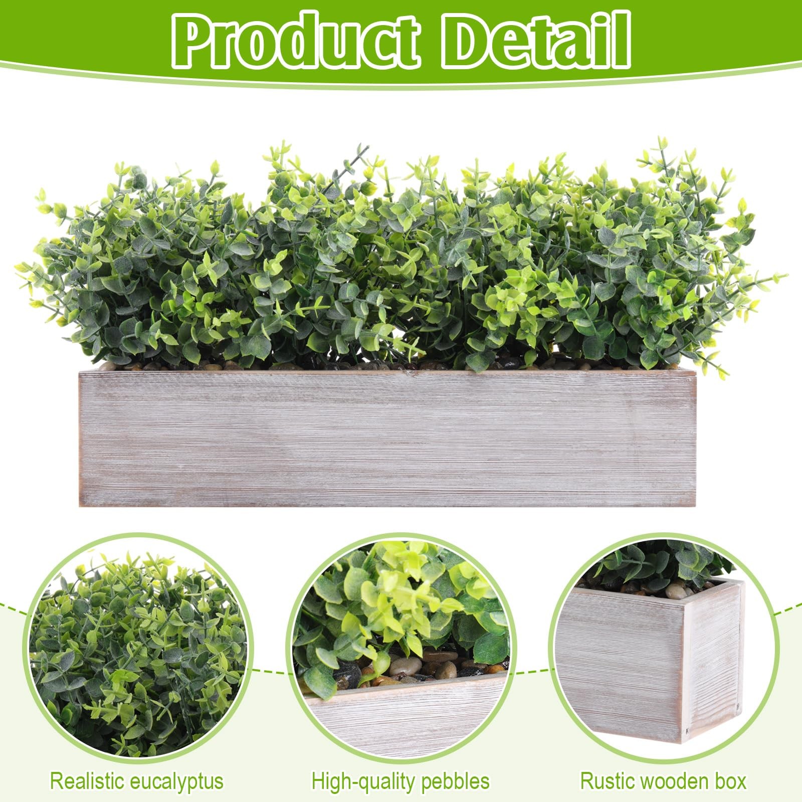 2 Pack Artificial Eucalyptus Plant in Rustic Rectangular Wooden Planter Box G…
