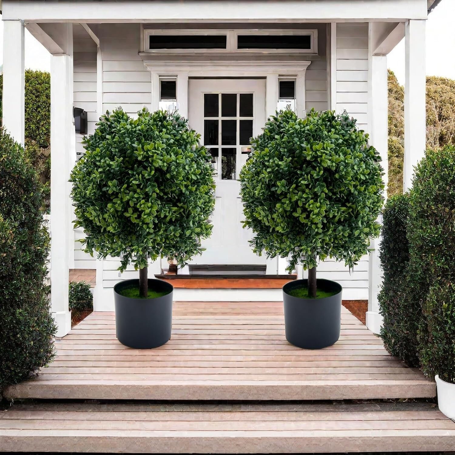 Artificial Topiary Triple Ball Boxwood Tree, 2 Pack Fake Topiaries Trees 20inch