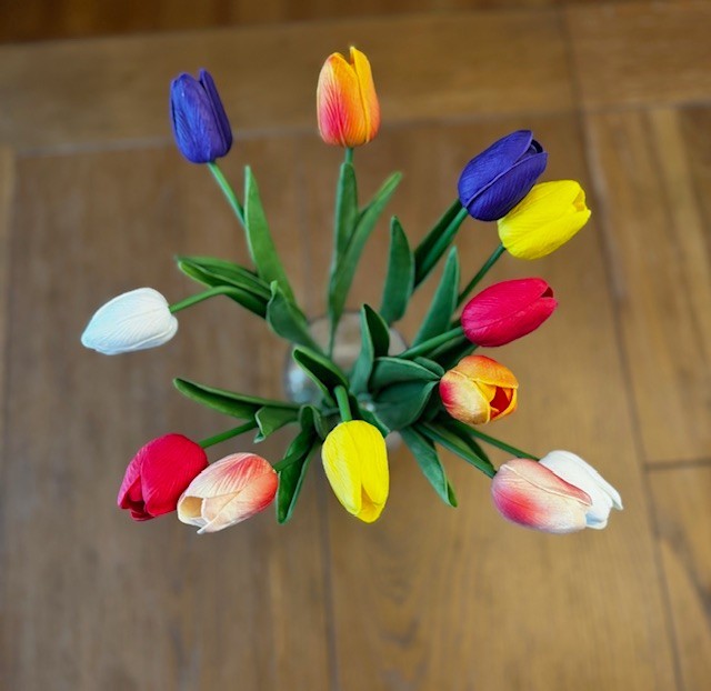 Silk Real Touch multicolor tulips in vase with faux pearls