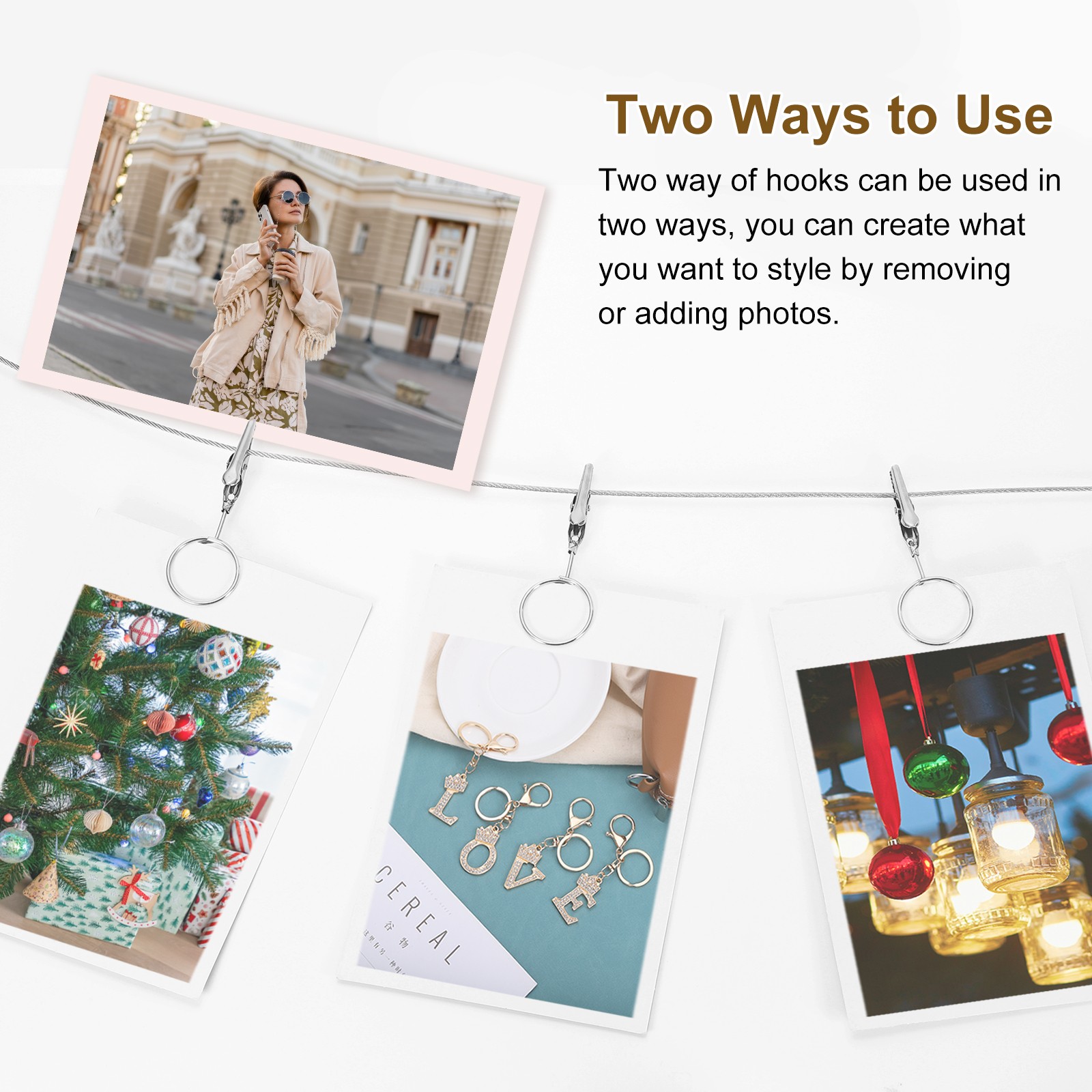 2pcs Wall Hanging Photo Display Cable Wire Rod with 20 Round Clips, Silver,5Ft