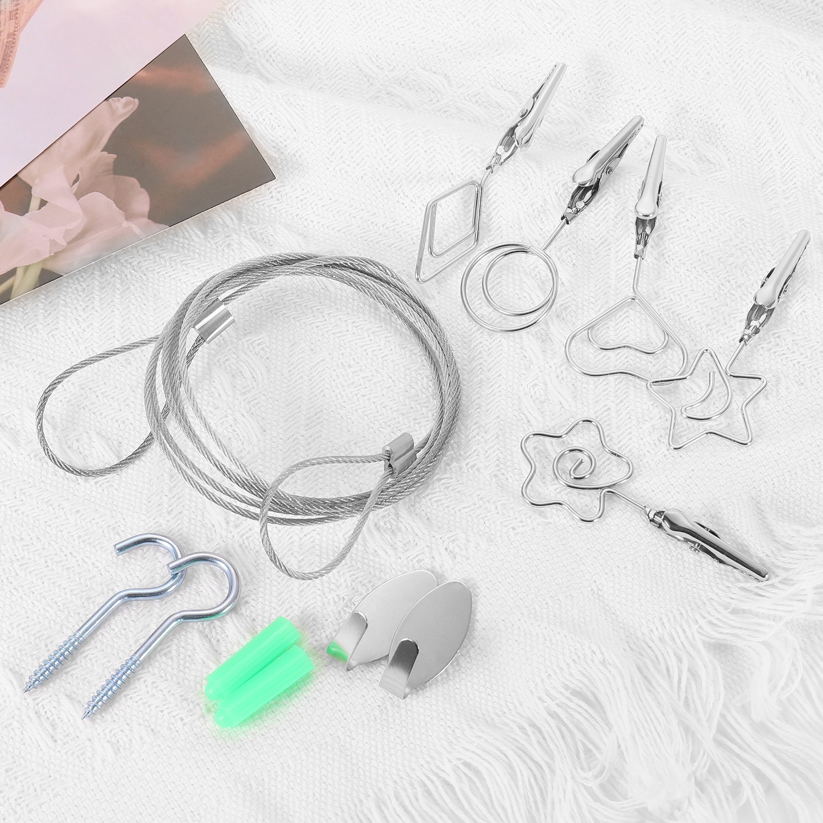 5Ft Wall Hanging Photo Display Cable Wire Rod with 10 Flower Clips, Silver