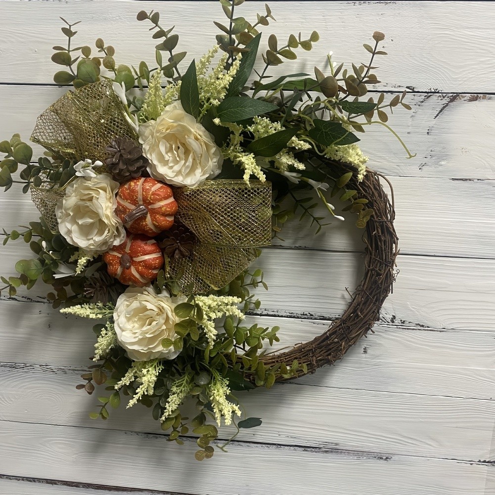Autumn Wreath with Pumpkin Maple Leaf Eucalyptus Berries for Indoor Outdoor Use
